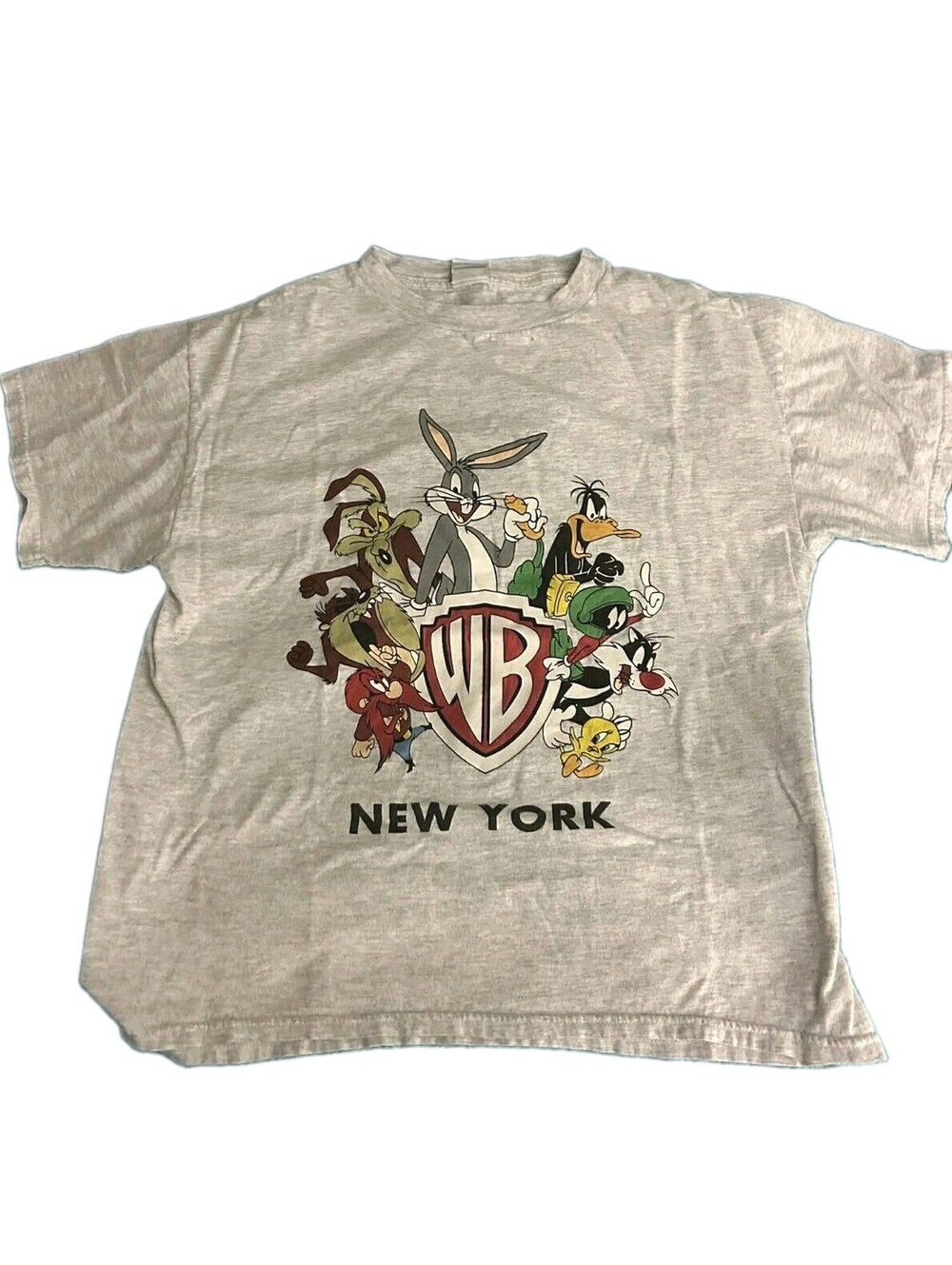 Vintage 1990s Looney Tunes Warner Bros New York Graphic T-shirt Grey Size M Rare